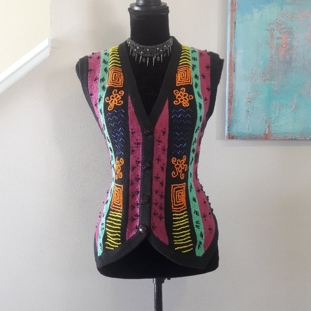 Tony Lambert/Bead Embelished/Cardigan Sweater Vest